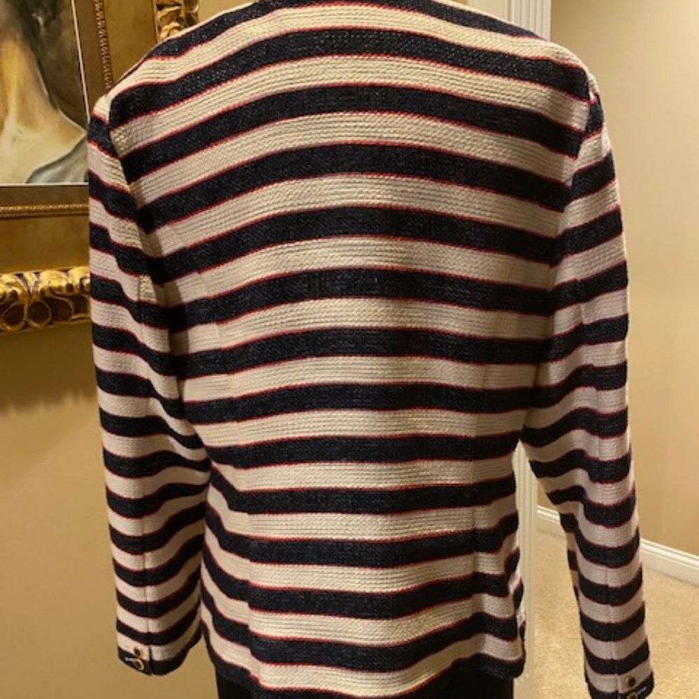CAbi Cruise Striped Blue Ivory Red Jacket Blazer Nautical Sz 14 - Picture 2 of 6